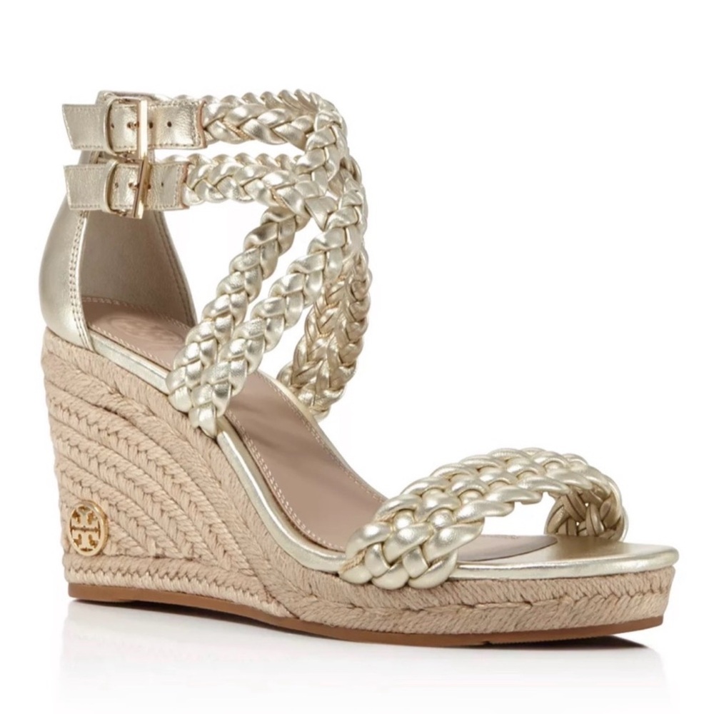 Tory Burch Braided Wedge Sandals, gold and beige, never worn, size 9 - Picture 2 of 9